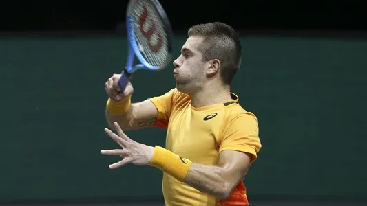 Borna Coric playing at the Rotterdam Ahoy in Rotterdam, March, 2021.