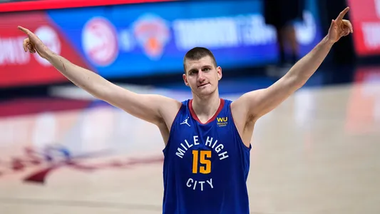 Nikola Jokic celebrate the Denver Nuggets' double OT win against the Portland Trail Blazers in Game 5, first round playoff series Tuesday, June 1, 2021, in Denver
