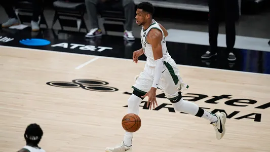 Giannis in action during the first half of Game 4 of the NBA basketball Eastern Conference finals Tuesday, June 29, 2021
