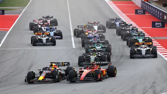 Max Verstappen driving Oracle Red Bull Racing leads the field into Turn1. Spanish GP at Circuit de Barcelona-Catalunya. June 4, 2023. Photo by Mark Thompson/Getty Images/Red Bull Content Pool.